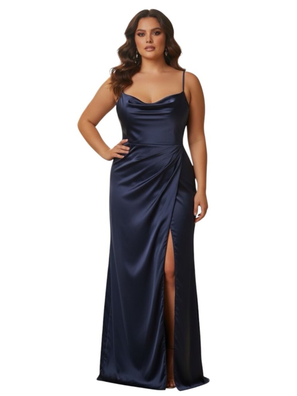 Dessy Collection Midnight Blue Cowl Neck Satin Long Bridesmaid Dress Size 10